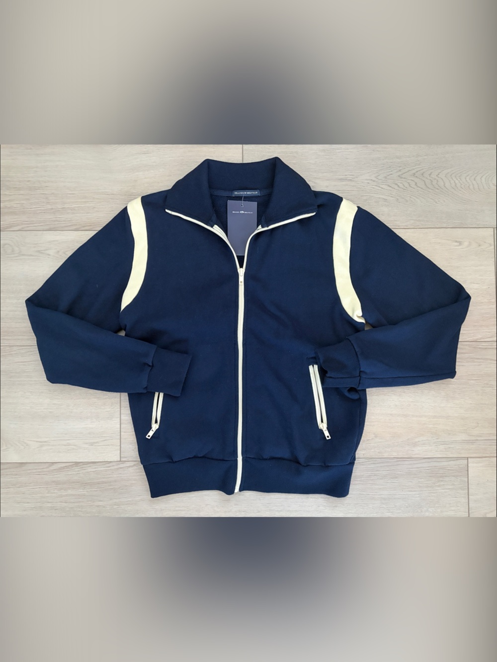 Brandy Melville Navy Puffer Jacket with Cream Stripes